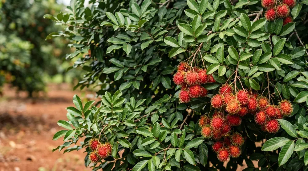 Cluster of ripe red rambutans on tree at Jobson Garden nursery